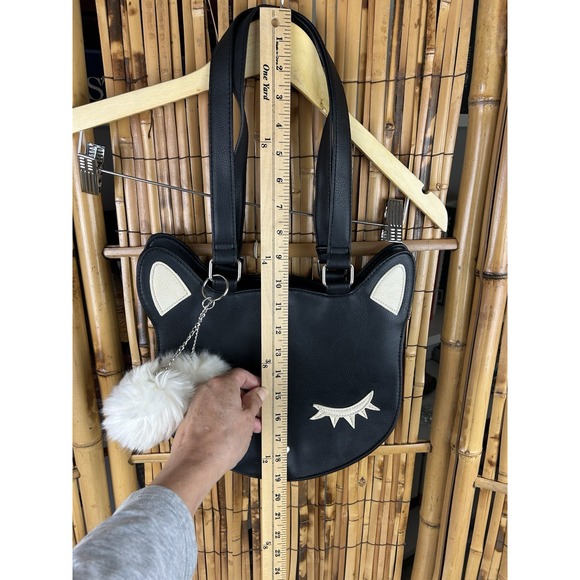 Cute Cat Face Vegan Leather Tote Bag Purse With White Pom Poms - Picture 12 of 14